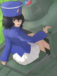 135569847 1girl absurdres andou_(girls_und_panzer) bc_freedom_(emblem) bc_freedom_military_uniform black_hair blue_jacket blue_vest brown_eyes dark-skinned_female dark_skin dress_shirt emblem girls_und_panzer grass hat high_collar highres jacket kepi long_sleeves looking_at_viewer medium_hair messy_hair military military_hat military_uniform military_vehicle motor_vehicle on_tank open_mouth peaked_cap pleated_skirt shirt skirt sleeves_past_wrists solo somua_s35 tank vest white_skirt