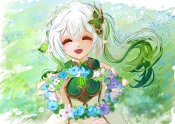 1girl :d ^_^ absurdres blue_flower closed_eyes commentary english_commentary flower flower_wreath genshin_impact gradient_hair grass green_hair hair_between_eyes hair_ornament highres hikari_my_dear holding holding_wreath leaf_hair_ornament long_hair multicolored_hair nahida_(genshin_impact) open_mouth outdoors outstretched_arms pink_flower pointy_ears purple_flower side_ponytail sleeveless smile solo white_flower white_hair