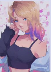 Rule 34 | abstract background, artist logo, artist request, blonde hair, blue eyes, choker, crop top, detached sleeves, fingernails, gwen stacy, jacket, logo, marvel, pink hair, pink nails, spider-gwen, spider-man (series), spider-verse