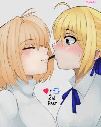 Rule 34 | 2girls, absurdres, ahoge, arcueid brunestud, artoria pendragon (fate), blonde hair, blush, breasts, closed eyes, crossover, fate/stay night, fate (series), flustered, food, food in mouth, green eyes, hair ribbon, highres, incoming pocky kiss, looking at another, medium breasts, multiple girls, pocky, pocky in mouth, profile, ribbon, saber (fate), shirt, short hair, smile, sugoiiii, sweat, sweater, tsukihime, turtleneck, turtleneck sweater, white shirt, yuri