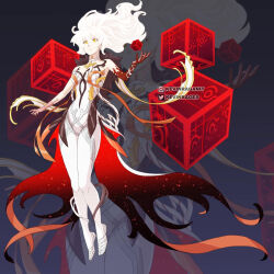 1girl ahoge arm_up artist_name bandaged_foot bandages black_fur closed_mouth colored_skin commentary commission cube detached_collar english_commentary floating floating_object fur_trim genshin_impact hair_between_eyes hair_floating_upwards highres instagram_username kevin_raganit long_hair looking_at_viewer looking_to_the_side multicolored_skin pink_lips shade solo thick_lips thick_thighs thighs twitter_username two-tone_skin unknown_god_(genshin_impact) watermark white_hair yellow_eyes