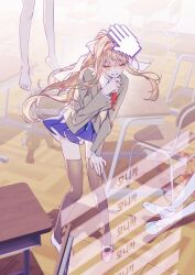 Rule 34 | 1girl, absurdres, barefoot, black skirt, black thighhighs, blood, blood on ground, blush, brown hair, cannot be empty, classroom, closed eyes, coat, collared shirt, desk, dialogue options, doki doki literature club, doki doki literature club school uniform, grey coat, grin, hair flowing over, hand cursor, hand on own chin, hand on own thigh, hanging from ceiling, haze, headpat, high ponytail, highres, implied murder, implied suicide, long hair, monika (doki doki literature club), neck ribbon, out of frame, outstretched legs, petting, pink shoes, ponytail, ribbon, school desk, school uniform, shirt, shoes, sitting, skirt, smile, solo, thighhighs, tile floor, tiles, very long hair, white shirt