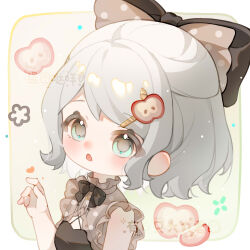 1girl absurdres apple apple_hair_ornament apple_slice aqua_eyes artist_name bare_arms bare_shoulders black_bow black_bowtie black_dress border bow bowtie buttons chibi collared_shirt criss-cross_halter dress eyelashes food food-themed_hair_ornament frilled_shirt frilled_shirt_collar frills fruit fruity_wish_(infinity_nikki) gradient_background green_background grey_bow grey_shirt hair_bow hair_ornament hairclip halter_dress halterneck heart high_collar highres infinity_nikki light_blush light_particles looking_ahead nikki_(series) open_mouth outside_border polka_dot polka_dot_bow polka_dot_shirt shirt shirt_under_dress short_hair solo swept_bangs tareme upper_body watermark white_border white_hair you_yi_zhi_dawan