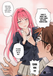 1boy 1girl absurdres blush brown_hair duc_94 english_text glasses highres jacket original pink_hair school_uniform twitter_username
