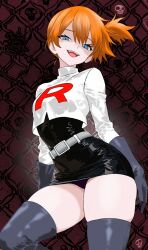1girl :d asymmetrical_hair belt black_gloves black_panties black_skirt black_thighhighs blue_eyes blush boots breasts cosplay cropped_jacket elbow_gloves fangs female_focus gloves grey_belt hair_between_eyes highres jacket large_breasts long_sleeves looking_at_viewer miniskirt misty_(pokemon) nintendo open_mouth orange_hair panties pokemon pokemon_(anime) pokemon_rgby ponytail purple_panties shirt short_hair side_ponytail skindentation skirt smile solo team_rocket team_rocket_uniform teeth thick_thighs thigh_boots thighhighs thighs turtleneck underwear upper_teeth_only white_belt
