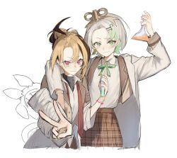 2girls absurdres ahoge alternate_costume alternate_hairstyle arm_around_shoulder black_shirt blonde_hair bow bowtie brown_hair brown_skirt brown_vest cecilia_immergreen closed_mouth collared_shirt cropped_legs flask forehead foreshortening gigi_murin green_bow green_bowtie green_eyes green_hair grey_hair h3liveh3 hair_bun hair_ornament hairclip highres holding holding_flask holding_test_tube hololive hololive_english lab_coat light_blush looking_at_viewer medium_hair multicolored_hair multiple_girls necktie open_clothes open_vest outstretched_arm parted_bangs partially_colored pink_eyes plaid_clothes plaid_skirt raised_eyebrow red_necktie scrunchie shirt shirt_tucked_in simple_background single_hair_bun skirt smile tail test_tube two-tone_hair undone_necktie v vest virtual_youtuber white_background white_shirt winding_key wrist_scrunchie