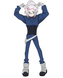 1girl arms_up blue_eyes clenched_hands commentary_request deux_murasame expressionless flexing freckles frown full_body grey_hair gundam gundam_gquuuuuux highres long_hair looking_to_the_side mecha_pilot_suit normal_suit_(gundam) solo standing yy_shibata
