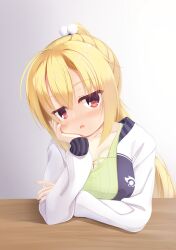 Rule 34 | 1girl, absurdres, ahoge, arihara nanami, blonde hair, blush, breasts, casual, cleavage, collarbone, commentary, d:, elbow on table, eyelashes, eyes visible through hair, fingernails, frown, green shirt, grey background, hair between eyes, hair ornament, hand on own cheek, hand on own face, head rest, highres, jacket, jitome, large breasts, long hair, looking at viewer, official alternate costume, official alternate hairstyle, open clothes, open jacket, open mouth, pom pom (clothes), pom pom hair ornament, ponytail, red eyes, reiji tsukimi, riddle joker, shirt, sidelocks, simple background, sleeves past wrists, solo, very long hair, white jacket