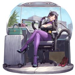 1girl :3 animal_ears artist_request bag bell black_gloves black_hair black_shoes bodystocking breasts cat_ears cat_girl cat_tail city cleavage_cutout clothing_cutout clutch_purse collar desk dress elbow_rest full_body game_cg girls&#039;_frontline girls&#039;_frontline_neural_cloud gloves head_rest headset highres holding holding_own_hair inola_(neural_cloud) large_breasts monitor multiple_tails neck_bell office official_art pinstripe_dress pinstripe_pattern purple_bodystocking purple_eyes rolling_suitcase shoes shopping_bag sitting solo suitcase swivel_chair tail third-party_source two_tails unworn_shoes window