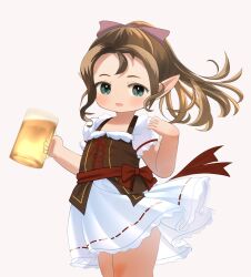 1girl beer_mug blue_eyes blush brown_corset brown_hair corset cup dress final_fantasy final_fantasy_xiv flat_chest german_clothes hair_ribbon highres holding holding_cup krile_baldesion_(ff14) lalafell looking_at_viewer medium_hair mug open_mouth pointy_ears ribbon shelldy simple_background smile solo white_background white_dress