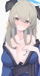 Rule 34 | 1girl, absurdres, animal ears, bare shoulders, blue archive, blue halo, blue kimono, blush, breasts, brown eyes, commentary request, dog ears, dog girl, grey hair, halo, highres, japanese clothes, kimono, large breasts, long hair, loose kimono, nui (nuinui0300), smile, solo, sweat, umika (blue archive), upper body, white background