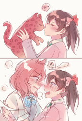 ! !! 2girls animal animal_ears animalization black_hair blue_bow blue_bowtie blush bow bowtie cat cat_ears closed_eyes collared_shirt commentary english_commentary eye_contact highres holding holding_animal holding_cat kemonomimi_mode long_hair long_sleeves looking_at_another love_live! love_live!_school_idol_project multiple_girls nishikino_maki otonokizaka_school_uniform pink_sweater purple_eyes red_eyes school_uniform shirt short_sleeves simple_background sioneve speech_bubble sweater transformation translation_request twintails white_background white_shirt yazawa_nico yuri