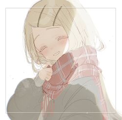 1girl ^_^ blonde_hair blush closed_eyes colored_eyelashes enpera facing_viewer gakuen_idolmaster highres idolmaster long_hair orange_scarf plaid_clothes plaid_scarf scarf shinosawa_hiro shiromomo_sui smile solo swept_bangs upper_body very_long_hair