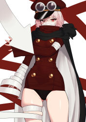 1girl absurdres bandages bandages_over_mouth black_cape black_panties bow cape dress goggles goggles_on_headwear gunko hat heterochromia highres looking_at_viewer mask mouth_mask one_piece panties red_dress sgmh0519 short_hair simple_background sleeves_past_fingers sleeves_past_wrists solo underwear white_background