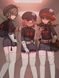 3girls backpack bag belt black_hat black_shirt black_skirt blush boots breasts brown_eyes brown_hair collar commission dark_persona gloves green_eyes green_hair hat highres kris_(pokemon) leash low_twintails lyra_(pokemon) miniskirt multiple_girls newsboy_cap nintendo nipple_stimulation pixiv_commission pokemon remote_control_vibrator sex_toy shirt short_hair shoulder_bag skirt small_breasts team_rocket team_rocket_grunt team_rocket_uniform tears thigh_boots thigh_strap twintails vibrator vibrator_in_thigh_strap vibrator_on_nipple vibrator_under_clothes white_boots white_gloves wombatvxww2553
