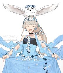1girl bare_shoulders bird blue_dress braid choker closed_eyes clothes_lift dress dress_lift fate/grand_order fate_(series) flower hair_flower hair_ornament highres johanna_(fate) johanna_(fgo_fes._2025)_(fate) kitada long_hair o-ring o-ring_choker off_shoulder open_mouth owl ponytail simple_background smile solo spread_wings white_background