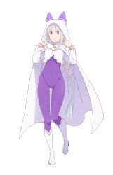1girl absurdres blush bodysuit braid cloak collarbone covered_navel emilia_(re:zero) flower full_body grey_hair hair_flower hair_ornament hair_ribbon highres hood hood_up hooded_cloak long_hair long_sleeves looking_at_viewer official_alternate_costume official_art pointy_ears purple_bodysuit purple_eyes re:zero_kara_hajimeru_isekai_seikatsu ribbon shrug_(clothing) simple_background smile solo standing tachi-e very_long_hair white_background white_cloak white_shrug