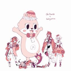 1other 4girls :d ahoge animal_ears baby_bottle blush_stickers bottle cecilia_immergreen cecilia_immergreen_(1st_costume) chiitan crossover elizabeth_rose_bloodflame elizabeth_rose_bloodflame_(1st_costume) fire gigi_murin gigi_murin_(1st_costume) highres holojustice hololive hololive_english huge_ahoge kazuriae limited_palette long_hair looking_at_viewer mascot multiple_girls open_mouth otter panther_ears panther_girl panther_tail raora_panthera raora_panthera_(1st_costume) simple_background sketch smile susaki tail very_long_hair virtual_youtuber white_background