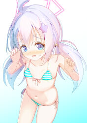 1girl absurdres ahoge bare_arms bare_shoulders bikini blue_archive blue_eyes blush breasts claw_pose front-tie_top gradient_background hair_between_eyes hair_ornament hands_up highres loli long_hair looking_at_viewer micro_bikini navel open_mouth ratemaru reisa_(blue_archive) small_breasts solo star_(symbol) striped_bikini striped_clothes swimsuit tears