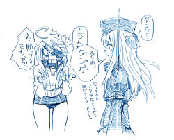 10s 2girls ahoge ashita_no_joe bbb_(friskuser) blue_theme commentary_request cropped_jacket eyepatch garrison_cap hair_ornament hat i-58_(kancolle) kantai_collection long_hair long_sleeves military military_uniform monochrome multiple_girls open_mouth puffy_long_sleeves puffy_sleeves school_swimsuit short_hair simple_background sleeves_rolled_up sweatdrop swimsuit swimsuit_under_clothes tange_danpei text_focus towel towel_around_neck translation_request u-511_(kancolle) white_background