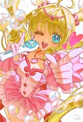 Rule 34 | 1girl, ahoge, blonde hair, blue eyes, blunt bangs, bubble, commentary, dress, eyelashes, glint, heart, highres, holding, holding microphone, jewelry, looking at viewer, mermaid melody pichi pichi pitch, microphone, nanami lucia, necklace, one eye closed, open mouth, pink dress, pointing, pointing at viewer, prettysavage30, shell, shell necklace, sidelocks, signature, solo, sparkle, teeth, twintails, upper teeth only