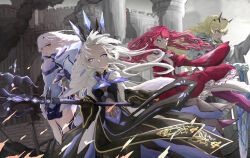 4girls absurdres armor baobhan_sith_(fate) baobhan_sith_(first_ascension)_(fate) barghest_(fate) barghest_(first_ascension)_(fate) black_dress black_gloves blue_armor blue_eyes breasts detached_sleeves dress faerie_knights_(fate) fate/grand_order fate_(series) frilled_dress frills gloves highres holding holding_staff kot38510459 looking_at_viewer melusine_(fate) melusine_(first_ascension)_(fate) morgan_le_fay_(fate) morgan_le_fay_(queen_of_winter)_(fate) multiple_girls orange_eyes pink_eyes pink_hair pointy_ears red_dress sidelocks staff white_hair yellow_eyes