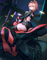 1girl absurdres ass black_shorts black_skirt black_thighhighs black_tube_top blonde_hair blurry blurry_background breasts burnice_white cropped_jacket eyewear_on_head from_behind helmet highres holding holding_helmet keyokku large_breasts looking_at_viewer looking_back miniskirt motor_vehicle motorcycle night on_motorcycle orange-tinted_eyewear shorts signature skirt solo spiked_jacket strapless thighhighs tinted_eyewear tube_top twintails twitter_username yellow_eyes zenless_zone_zero