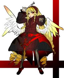 1girl black_dress black_hairband black_pantyhose blonde_hair commentary_request dress drill_hair drill_sidelocks frilled_hairband frills full_body gothic_lolita gun hairband holding holding_gun holding_weapon lolita_fashion long_hair looking_at_viewer open_mouth original pantyhose pointing pointing_at_viewer red_eyes red_shoes shoes sidelocks solo standing very_long_hair weapon white_background yellow_wings yu-ji_tanaka