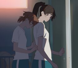 Rule 34 | 2girls, 55bata6rou, ball, basketball (object), behind another, black hair, blue shorts, blush, closed mouth, dim lighting, door, from side, gym storeroom, gym uniform, highres, indoors, koito yuu, long hair, looking at another, multiple girls, nanami touko, orange hair, ponytail, profile, shirt, short hair, short sleeves, shorts, shy, sidelighting, standing, white shirt, window, yagate kimi ni naru, yuri