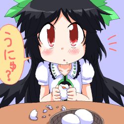 1girl black_hair blouse blush broken_egg egg female_focus geetsu long_hair purple_background red_eyes reiuji_utsuho shirt simple_background solo speech_bubble touhou translated unyu upper_body very_long_hair white_shirt wings