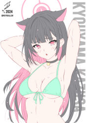 1girl absurdres aged_up alternate_costume alternate_hair_length alternate_hairstyle animal_ears arms_behind_head artist_name bare_shoulders bikini black_choker black_hair blue_archive blunt_bangs blush breasts cat_choker cat_ears cat_girl character_name choker cleavage collarbone colored_inner_hair commentary english_commentary extra_ears floating_hair front-tie_bikini_top front-tie_top green_bikini hair_behind_ear hair_intakes halo halterneck highres kazusa_(blue_archive) long_hair looking_at_viewer medium_breasts multicolored_hair open_mouth pink_hair pink_halo realen sidelocks signature simple_background solo stomach straight_hair swimsuit twitter_username two-tone_hair underboob upper_body very_long_hair wet white_background