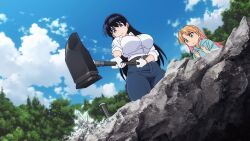 Rule 34 | 2girls, animated, anime screenshot, arato nagi, belt, black hair, blonde hair, blue eyes, blue pants, bouncing breasts, breasts, buttons, denim, dress shirt, earrings, gloves, hammer, highres, holding, holding hammer, jeans, jewelry, large breasts, long hair, multiple girls, outdoors, pants, rock, ruri no houseki, shirt, shirt tucked in, sleeves rolled up, sound, tagme, tanigawa ruri, thick thighs, thighs, video, white gloves, white shirt, wide hips