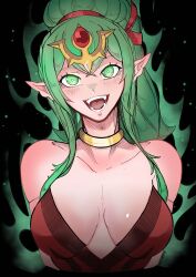 1girl :d absurdres ailheim bare_shoulders black_background breasts collarbone dress fangs fire_emblem fire_emblem_awakening gold_choker green_aura green_eyes green_hair high_ponytail highres long_hair looking_at_viewer nintendo open_mouth pointy_ears ponytail red_dress smile solo strapless strapless_dress teeth tiara tiki_(adult)_(fire_emblem) tiki_(fire_emblem) upper_body