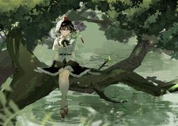 1girl black_bow black_bowtie black_hair black_skirt blurry blurry_foreground bow bowtie chinese_commentary collared_shirt commentary_request crossed_legs day full_body geta hair_between_eyes hat iwakoo looking_at_viewer outdoors pom_pom_(clothes) red_eyes red_hat red_shoes ripples shameimaru_aya shirt shoes short_hair short_sleeves sitting skirt solo tengu-geta tokin_hat touhou tree water white_shirt
