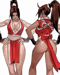 1girl ass bandaid bare_shoulders breasts brown_hair cleavage davecavedraws fatal_fury from_behind green_eyes hands_on_own_hips large_breasts long_hair looking_to_the_side ninja pelvic_curtain ponytail shiranui_mai sleeveless the_king_of_fighters thong white_background