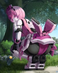 Rule 34 | 1girl, ass, bent over, blush, colored skin, grass, highres, humanoid robot, panties, phantasy star, phantasy star online, pink eyes, pink hair, pink panties, pink skirt, robot, robot girl, short hair, skirt, suzuta comiya, tree, underwear, white skin