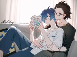2boys black_hair black_shirt blue_eyes blue_hair blue_pants book character_name chinese_commentary collarbone couch english_text glasses grey_eyes grey_pants hair_slicked_back hands_up holding holding_book indoors jewelry kaede1231 male_focus mochizuki_ryouji mole mole_under_eye multiple_boys pants persona persona_3 ring shirt short_hair smile wedding_ring white_shirt yaoi yuuki_makoto_(persona_3)