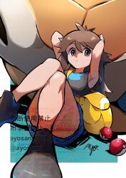 Rule 34 | 1girl, arms behind head, ayo (ayosanri009), bag, blastoise, blue shorts, brown eyes, brown hair, closed mouth, commentary request, eyelashes, gen 1 pokemon, green (pokemon), hair flaps, highres, knees, long hair, looking at viewer, nintendo, poke ball, poke ball (basic), pokemon, pokemon (creature), pokemon lgpe, shirt, shoes, shorts, shoulder bag, signature, sleeveless, sleeveless shirt, twitter username, watermark, yellow bag