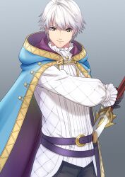 Rule 34 | 1boy, absurdres, ascot, belt, black gloves, black pants, blue cape, cape, citronhsp, closed mouth, commentary request, fire emblem, fire emblem awakening, fire emblem heroes, frilled shirt, frills, gloves, gradient background, grey background, highres, holding, holding sword, holding weapon, hood, hooded cape, male focus, male robin (exalt&#039;s deliverer) (fire emblem), male robin (fire emblem), multiple belts, nintendo, official alternate costume, pants, purple belt, purple cape, shirt, short hair, smile, solo, standing, sword, two-tone cape, weapon, white ascot, white hair