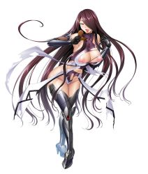 1girl blush boots breasts chocolate covered_erect_nipples curvy eating female_focus fuuma_saika gloves hair_over_one_eye high_heel_boots high_heels highleg highleg_leotard highres impossible_clothes impossible_leotard large_breasts leotard lilith-soft long_hair naughty_face official_art orange_eyes puffy_nipples shiny_clothes shiny_skin smile solo taimanin_(series) taimanin_asagi taimanin_rpgx tongue tongue_out valentine very_long_hair zol