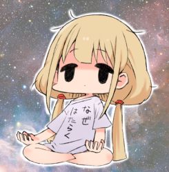 1girl black_eyes blonde_hair chibi crossed_legs female_focus futaba_anzu idolmaster idolmaster_cinderella_girls jitome lotus_position messy_hair moru_(monaka) no_feet off_shoulder shirt solo space t-shirt translated twintails