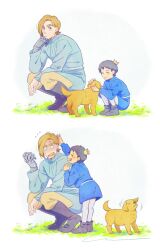 2boys ^_^ baby_animal black_eyes black_hair blonde_hair blue_shirt blue_tunic blush bojji boots cinema_(cinema_rok) closed_eyes closed_mouth commentary_request crown dog domas embarrassed flying_sweatdrops grass grey_footwear hand_up head_rest headpat highres long_sleeves looking_at_another male_focus mechanical_arms mini_crown multiple_boys nose_blush open_mouth ousama_ranking pants puppy sash shirt short_hair signature simple_background single_mechanical_arm smile squatting standing sweatdrop tail tail_wagging tilted_headwear tunic white_background white_pants white_sash wide-eyed yellow_pants