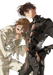 Rule 34 | 2boys, atie1225, blue eyes, braid, brown hair, closed mouth, duo maxwell, glasses, gundam, gundam wing, hair between eyes, heero yuy, highres, long hair, long sleeves, looking over eyewear, male focus, multiple boys, parted lips, purple eyes, round eyewear, short hair, simple background, single braid, smile, v-shaped eyebrows, white background