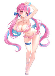 Rule 34 | 1girl, bare shoulders, bikini, blue bow, blue hair, blue nails, blue scrunchie, blush, bow, braid, breasts, closed mouth, collarbone, colored inner hair, curly hair, fingernails, frilled bikini, frills, front-tie bikini top, front-tie top, full body, hair bow, hashtag-only commentary, hololive, huge breasts, leaning to the side, long hair, minato aqua, multicolored hair, nail polish, navel, nikoo, pink bikini, pink eyes, pink hair, sandals, scrunchie, side-tie bikini bottom, simple background, smile, solo, stomach, streaked hair, swimsuit, thigh strap, thighs, twintails, two-tone hair, virtual youtuber, white background, white sandals, wrist scrunchie