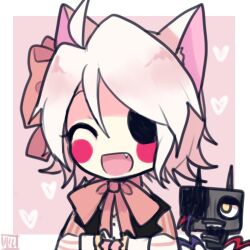 Rule 34 | 1girl, ahoge, animal ears, bad id, bad tumblr id, black vest, bow, bowtie, commentary, english commentary, fang, five nights at freddy&#039;s, five nights at freddy&#039;s 2, fox ears, hair bow, long sleeves, lowres, lulu-999, mangle, missing eye, open mouth, personification, pink bow, pink bowtie, short hair, sidelocks, smile, solo, vest, white hair