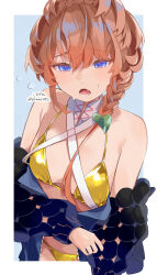 1girl bikini black_coat blue_eyes blush braid breasts brown_hair coat fate/grand_order fate_(series) gold_bikini hair_between_eyes highres looking_at_viewer nervous_sweating open_clothes open_coat open_mouth shimaa482 side_braid signature simple_background small_breasts solo sweat swimsuit twitter_username van_gogh_(fate) white_background