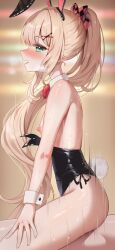 Rule 34 | 1girl, absurdres, amelia (trickcal), animal ears, arme (cgsy7484), black leotard, blonde hair, blurry, blurry background, blush, bow, bowtie, breasts, brown hair, commentary, commission, detached collar, english commentary, green eyes, hair ribbon, highres, leotard, long hair, nipples, open mouth, playboy bunny, pointy ears, profile, rabbit ears, rabbit tail, red bow, red bowtie, ribbon, sidelocks, sideways glance, small breasts, solo, tail, thighs, trickcal, wrist cuffs