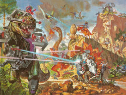 1980s_(style) 6+boys alien armor battle brontosaurus bush cannon dimetrodon dino_riders dinosaur riding_dinosaur energy_gun epic ezra_tucker forest gloves helmet laser laser_rifle male_focus lava mountain multiple_boys nature non-web_source official_art oldschool pachycephalosaurus protoceratops pterosaur quetzalcoatlus realistic retro_artstyle riding rulon sauropod science_fiction smoke spacesuit stegosaurus struthiomimus tree triceratops tyrannosaurus_rex valorian volcano weapon