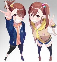 Rule 34 | 2girls, arm up, black shoes, black shorts, black thighhighs, blue jacket, blue shorts, brown eyes, brown hair, brown shoes, fingernails, foreshortening, full body, futami ami, futami mami, gradient background, grin, hair bobbles, hair ornament, highres, hood, hood down, hooded jacket, idolmaster, idolmaster (classic), irohakaede, jacket, letterman jacket, looking at viewer, multiple girls, one eye closed, open clothes, open jacket, shoes, short hair, shorts, siblings, side ponytail, sisters, smile, standing, star (symbol), star hair ornament, thighhighs, twins, v