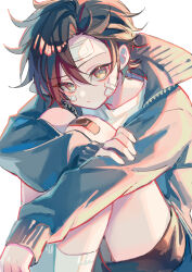 1boy bandaid bandaid_on_cheek bandaid_on_face bandaid_on_knee bandaid_on_leg black_shorts blue_jacket brown_eyes brown_hair closed_mouth commentary_request feet_out_of_frame highres jacket knees_up long_sleeves looking_at_viewer male_focus original short_hair shorts simple_background sitting socks solo suzaku_(zaku6584) white_background white_socks